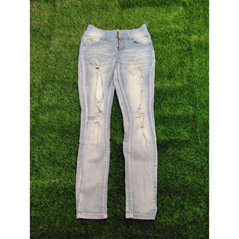 YMI Wanna Betta Butt Jeans Womens 7/28 Light Wash Distressed Mid Rise Skinny